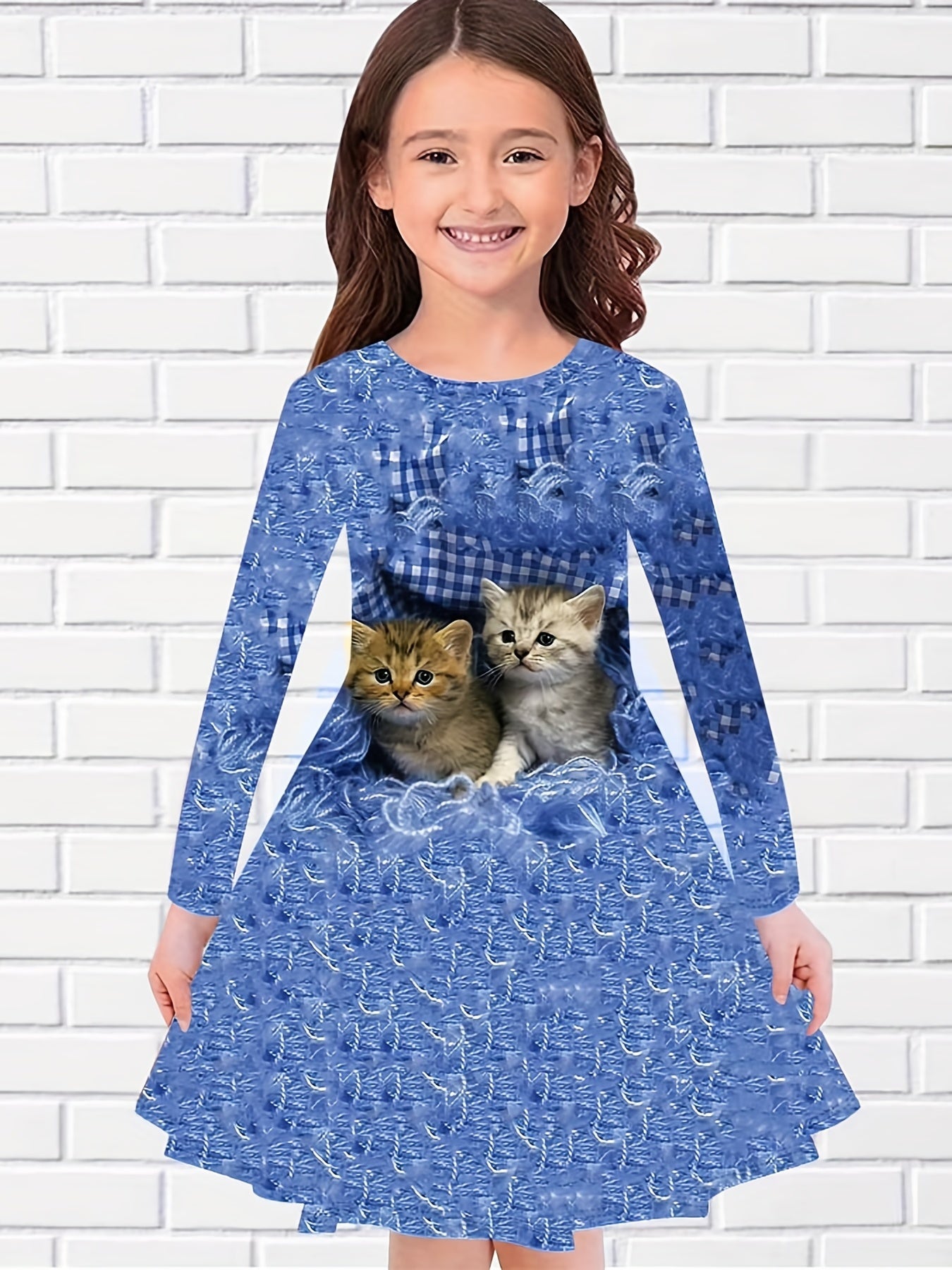 Sweet Girls Kitten Long Sleeve Dress for Spring Fall Party