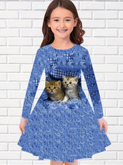 Sweet Girls Kitten Long Sleeve Dress for Spring Fall Party