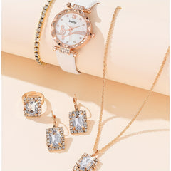 6pcs Heart Wing Leather Quartz Watch Set for Students