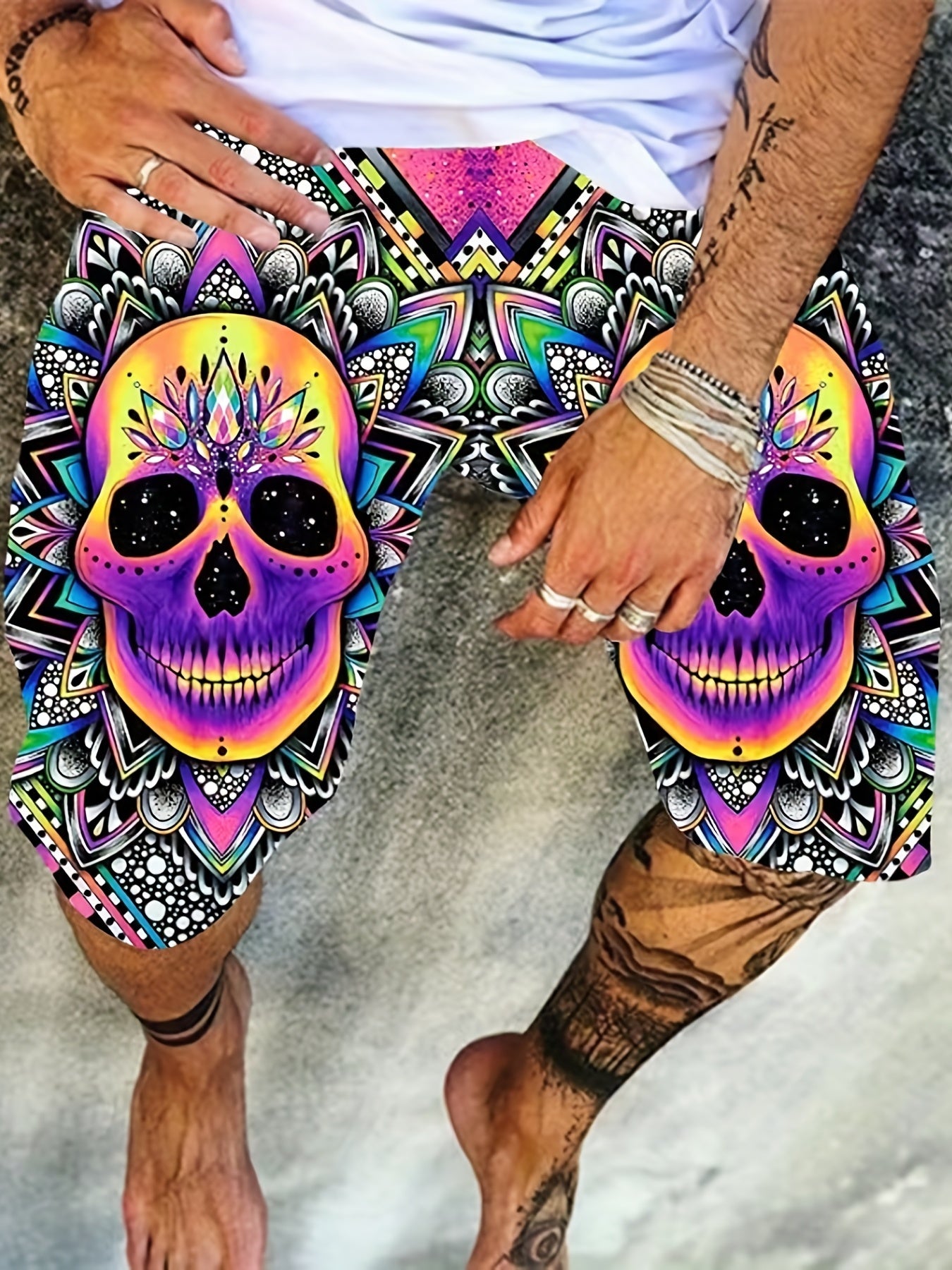 Men's Floral Skull Graphic Shorts 3D Print Elastic Waist Slightly Stretch Shorts