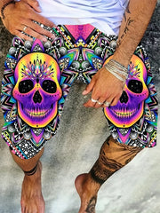 Men's Floral Skull Graphic Shorts 3D Print Elastic Waist Slightly Stretch Shorts