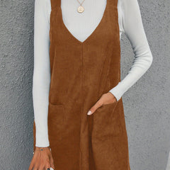 V Neck Corduroy Overall Dress With Pockets