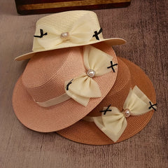 Mesh Bow Decor Sun Hat Flat Top Straw Fedora Solid Jazz Hat