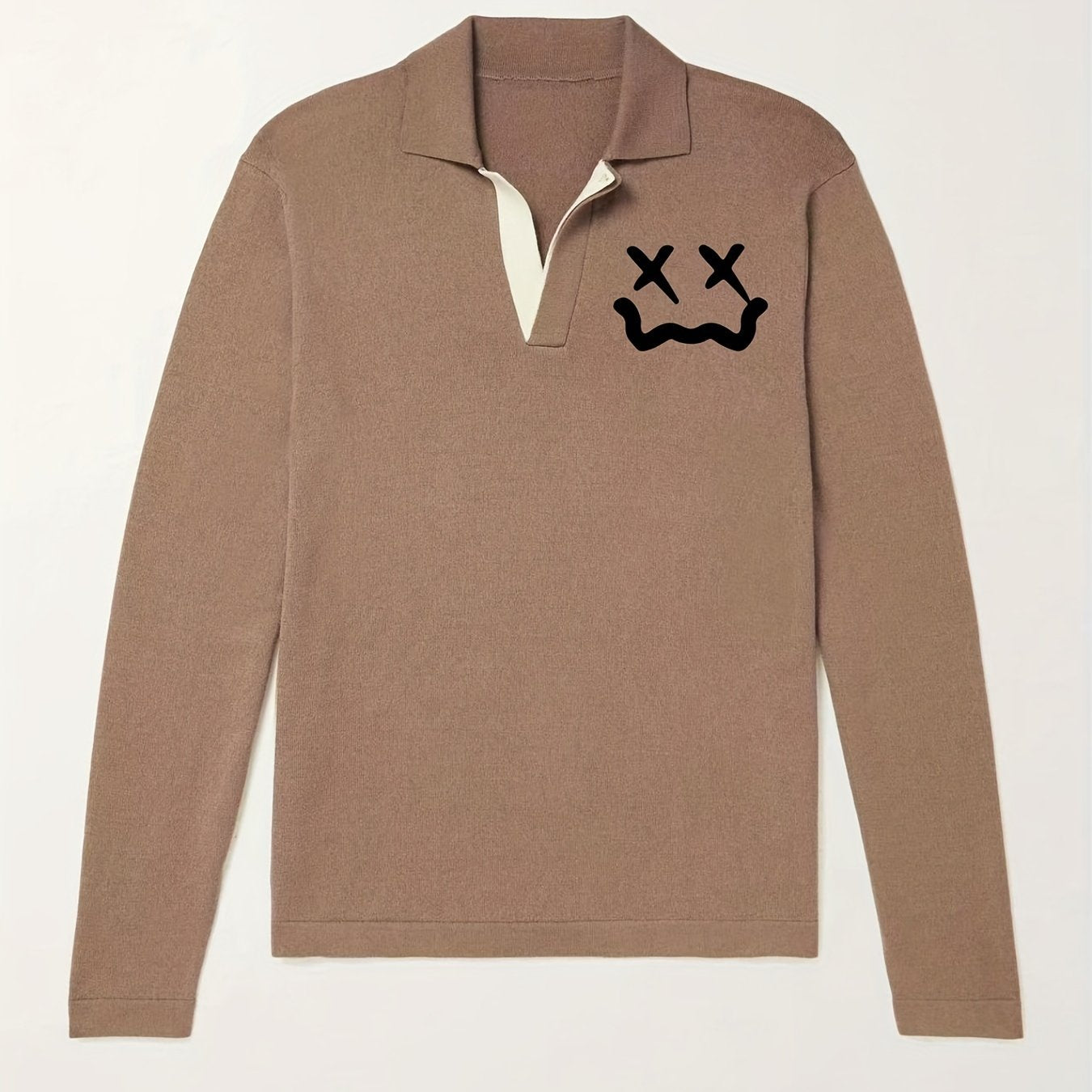 Cross Eyes Face Pattern Knit Polo Shirt Men's Casual Lapel V Neck