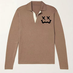 Cross Eyes Face Pattern Knit Polo Shirt Men's Casual Lapel V Neck
