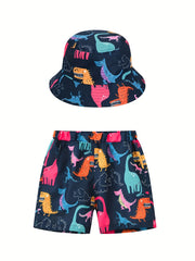 Boy's Coconut Tree Print Shorts & Sun Hat Set