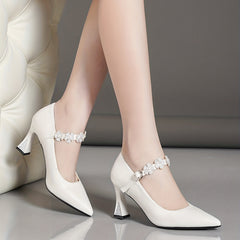 Floral & Pearl Pyramid Heels Pointed Toe Pumps Buckle Strap Dress Shoes