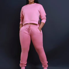 Women's Plus Size Round Neck Crop Sweatshirt & Jogger Sweatpants Set