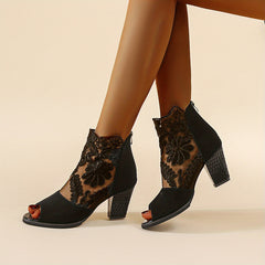 Women's Applique Peep Toe Pumps Chunky Heel Sandals