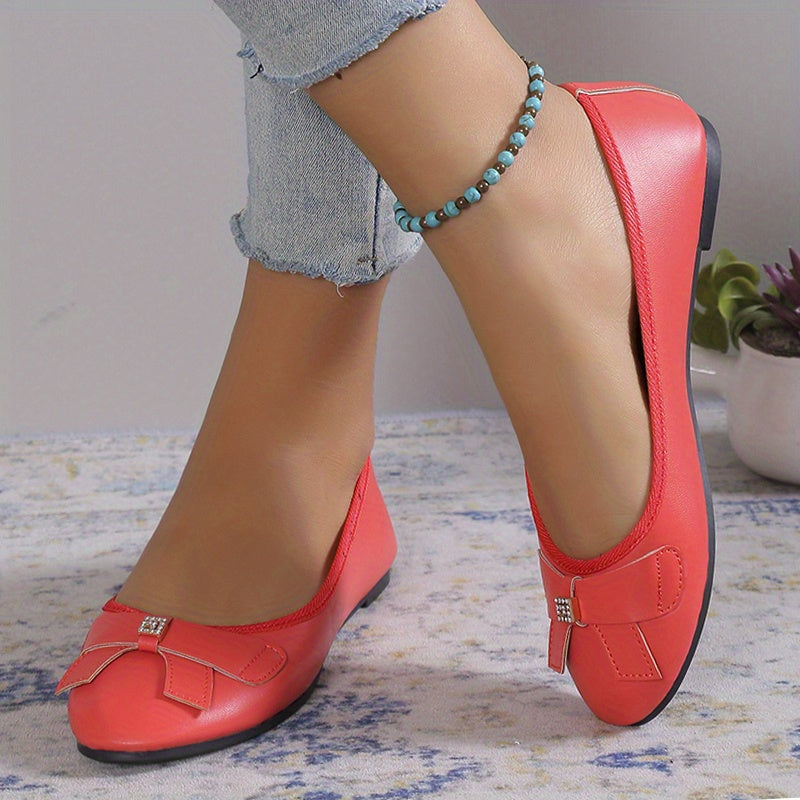 Women's Rhinestone & Bowknot Flat Shoes Slip On Faux Leather Shoes