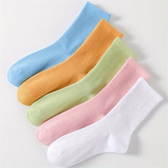 5 Pairs Crew Socks for Women - Casual & Comfy Mid Tube Stockings