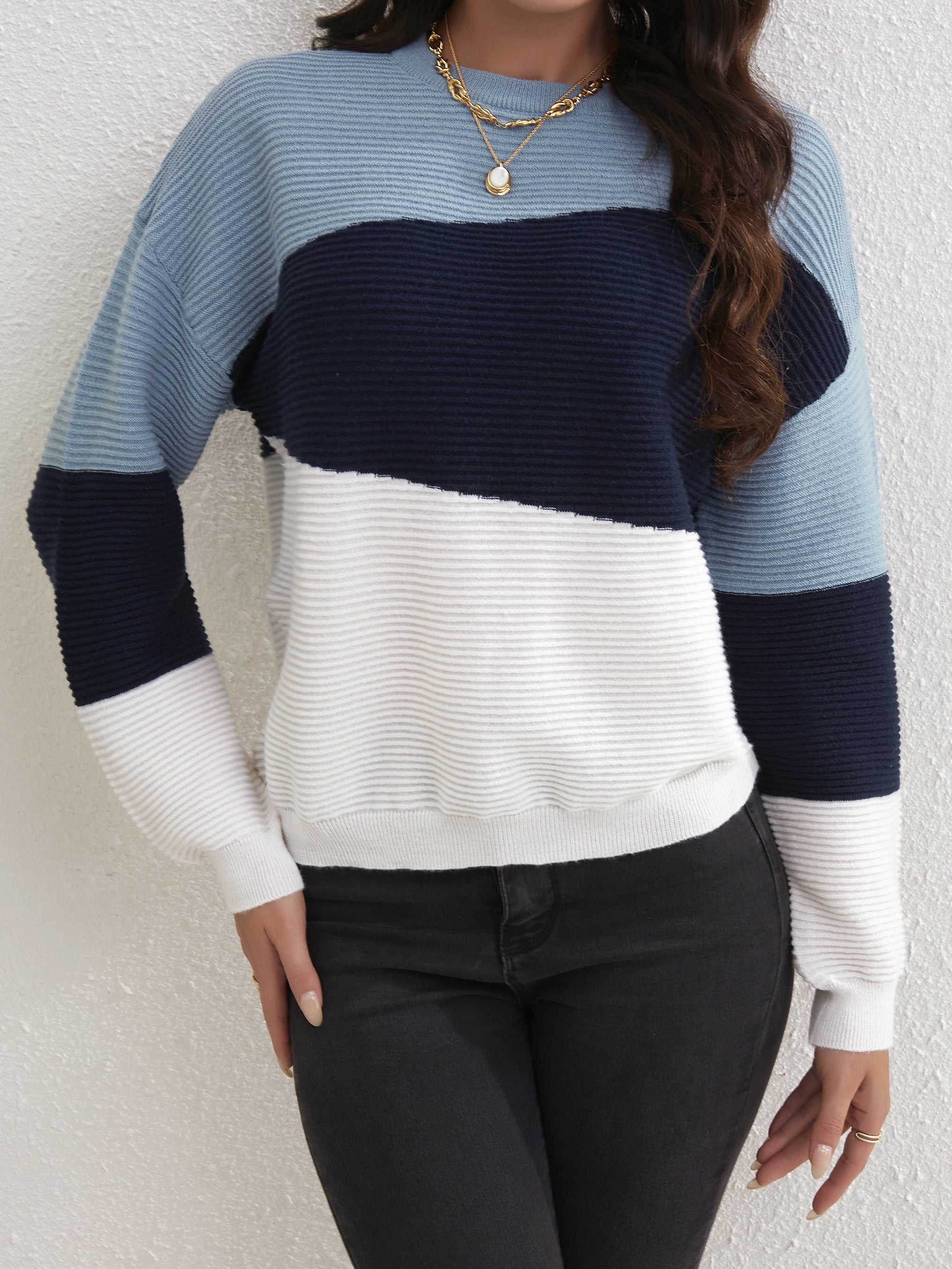 Block Pullover Sweater Long Sleeve Crew Neck Sweater