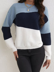 Block Pullover Sweater Long Sleeve Crew Neck Sweater