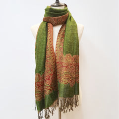 Large Tassel Scarf Grass Green Paisley Jacquard Vintage Shawl