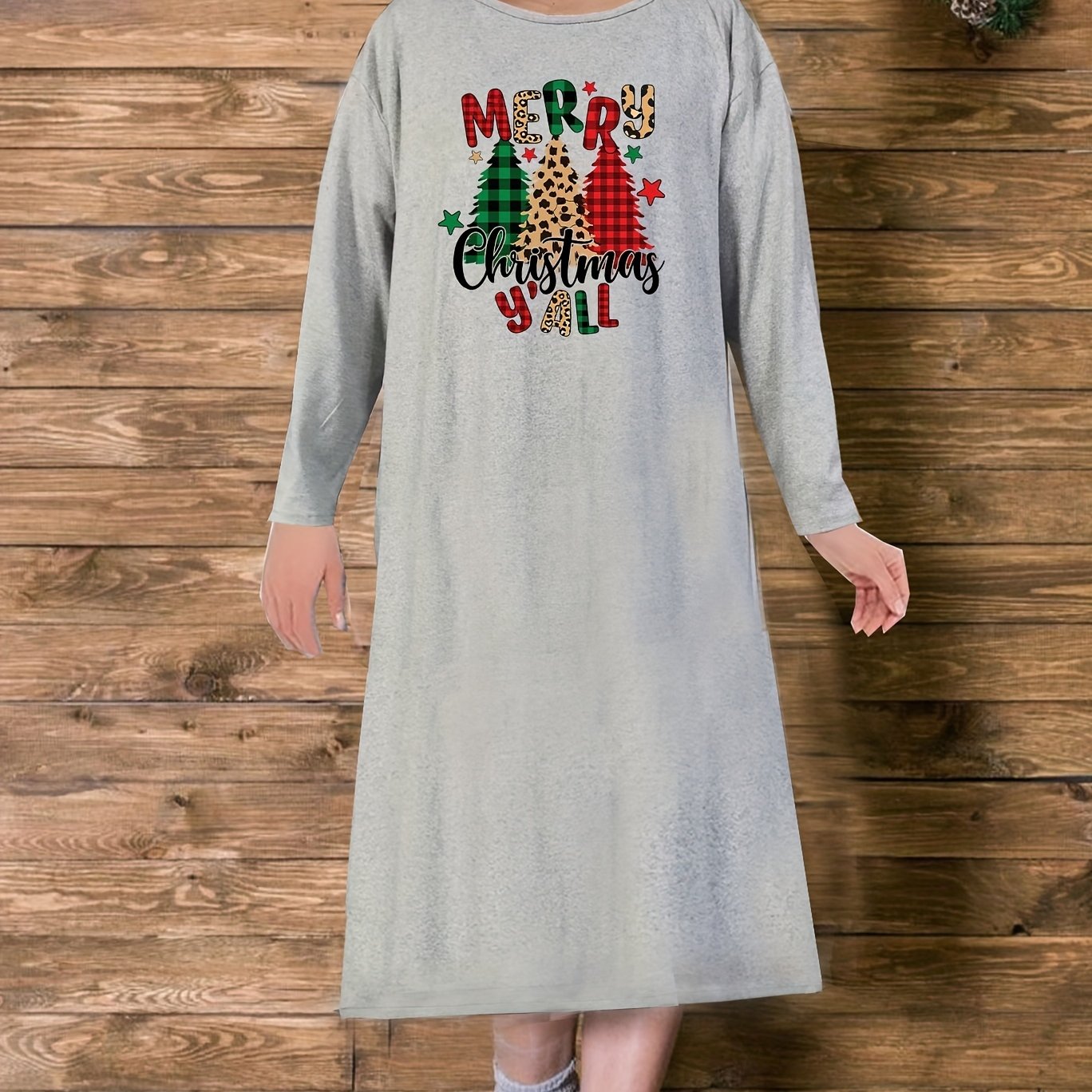 Christmas Loungewear Dress Women's Plus Plaid Christmas Tree Long Slee