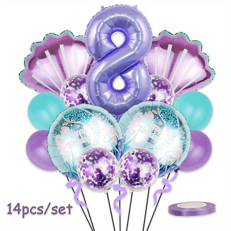 14pcs Mermaid Balloon Set Cartoon Purple Digital Shell Birthday Party Balloons