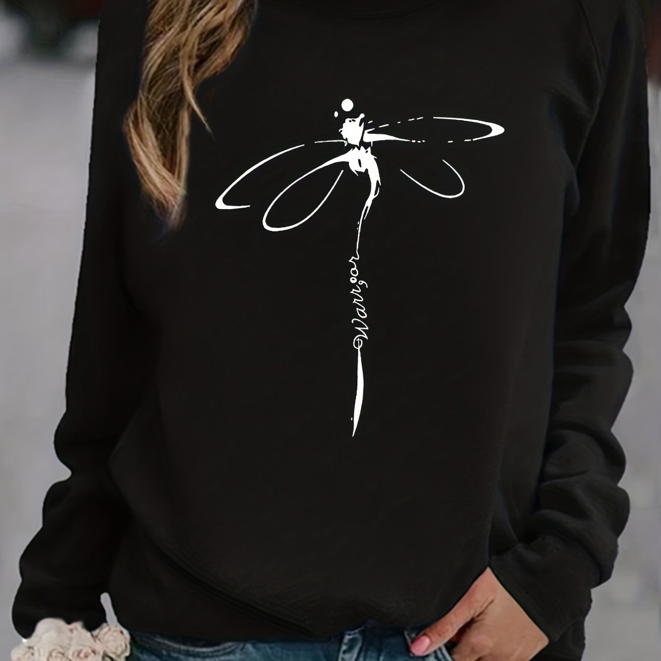 Dragonfly Print Sweatshirt Crew Neck Casual Long Sleeve Women's Clothing