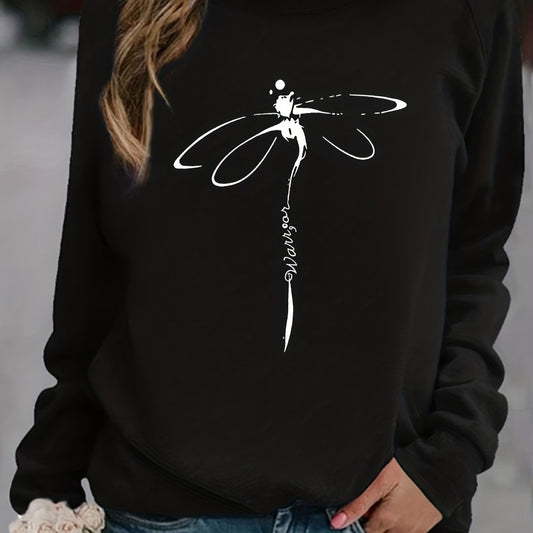 Dragonfly Print Sweatshirt Crew Neck Casual Long Sleeve Women's Clothing