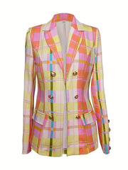 Plaid Print Lapel Blazer Double Breasted Outerwear Women's Clothing