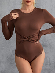 Solid Twist Front Long Sleeve Bodysuit Women's Clothing