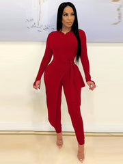 Solid Casual 2pc Set Asymmetrical Knotted Tops & High Waist Pants