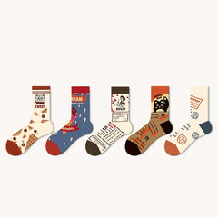 5 Pairs Funny Cartoon Print Crew Socks for Women