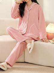 Fuzzy Pajama Set Long Sleeve Top & Elastic Waistband Pants Women's Sleepwear