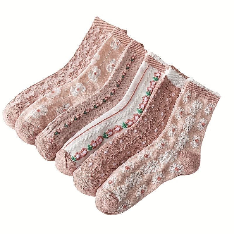 6 Pairs Floral Print Socks Sweet & Mid Tube Socks Women's Stockings