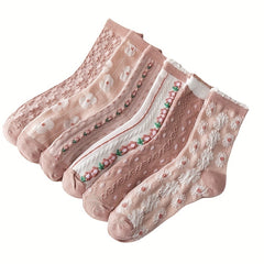 6 Pairs Floral Print Socks Sweet & Mid Tube Socks Women's Stockings