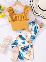 Girls 2pcs Outfits Ribbed Ruffle Tank Top & Plant Print Pants Set