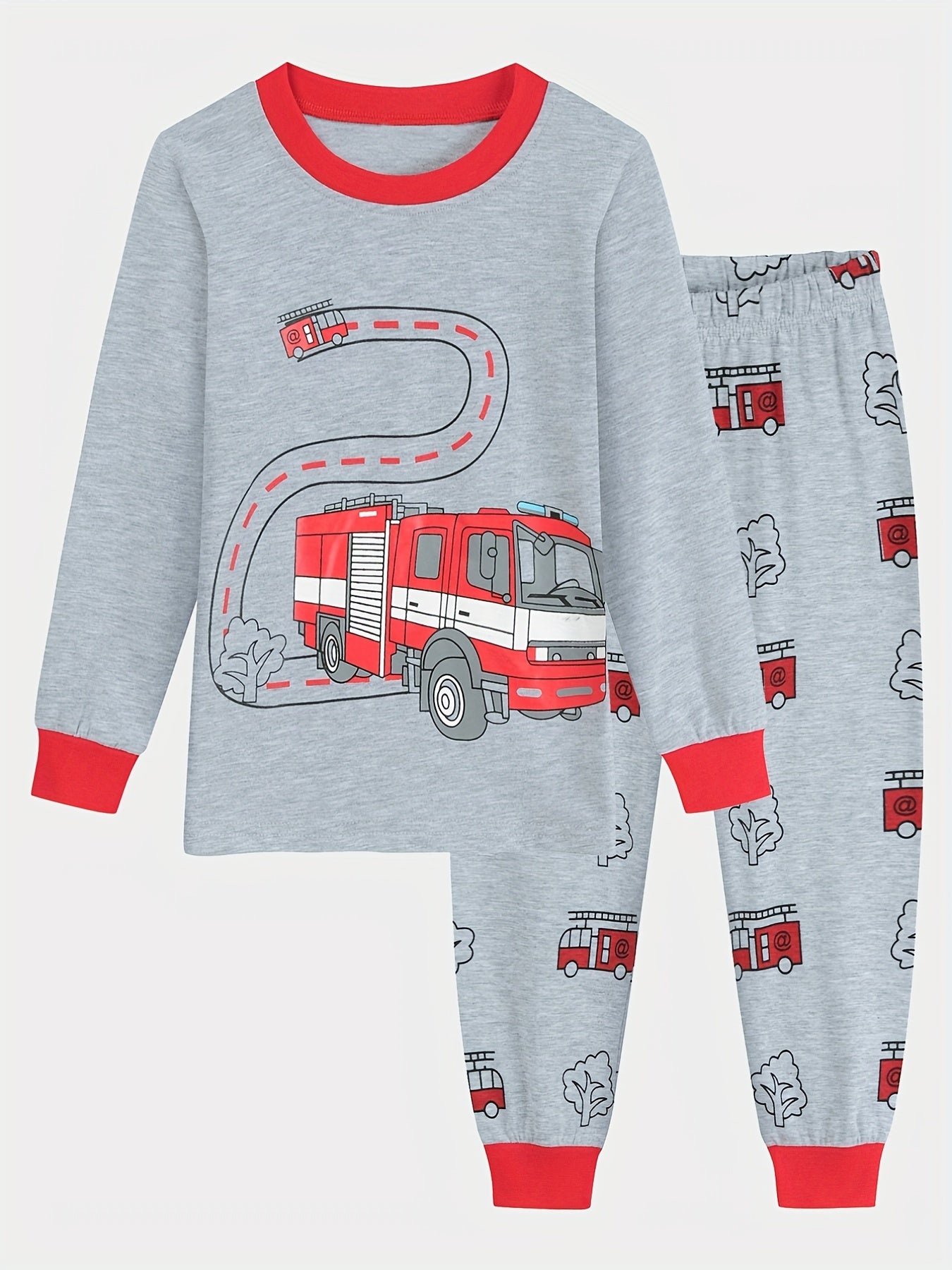 2pcs Boys Pajamas Cartoon Truck Graphic Cotton Pjs Sleepwear Set