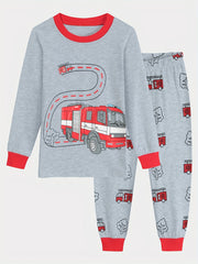 2pcs Boys Pajamas Cartoon Truck Graphic Cotton Pjs Sleepwear Set