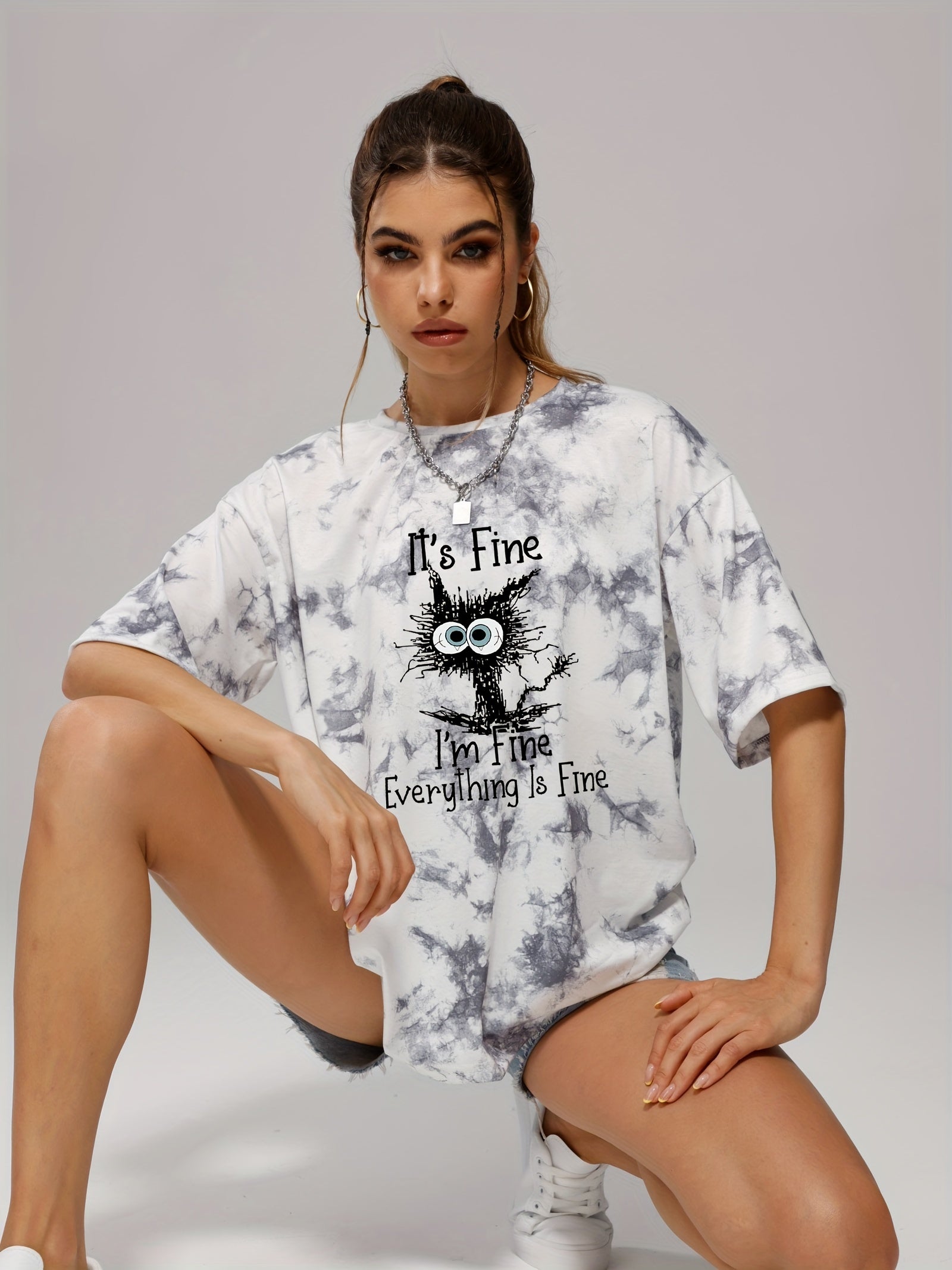 Tie Dye Funny Cat Pattern Casual Sports T-shirts Women's Clothing