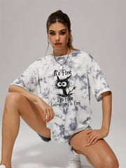 Tie Dye Funny Cat Pattern Casual Sports T-shirts Women's Clothing