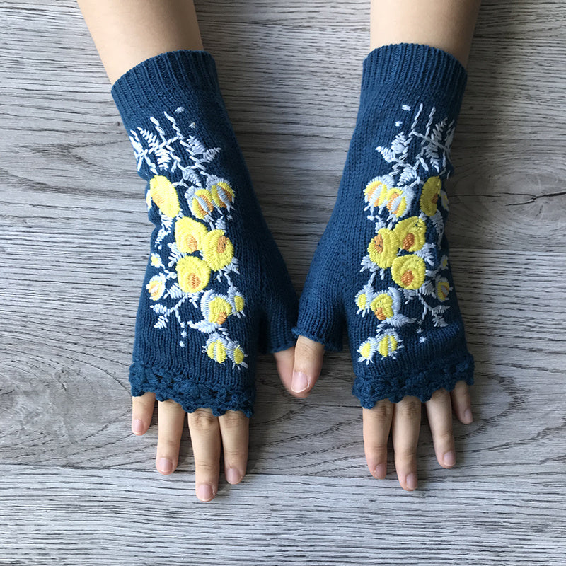 Hand Crochet Gloves Small Yellow Flower Embroidered Winter Warm Ladies Half