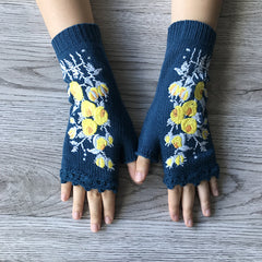 Hand Crochet Gloves Small Yellow Flower Embroidered Winter Warm Ladies Half