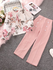 2pcs Girls Fall Clothes Long Ruffled Sleeve Flower Print Tops & Pants Set