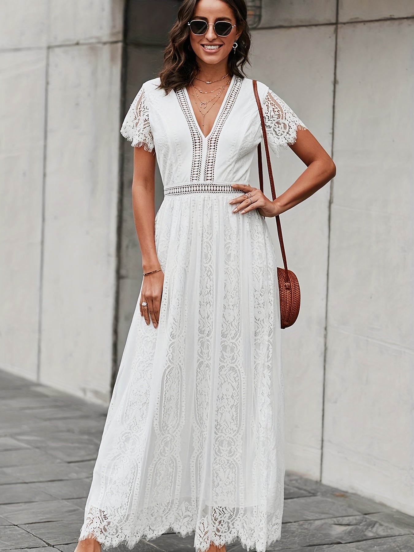 Lace Solid Short Sleeve Ankle Dress for Party Women's Clothing