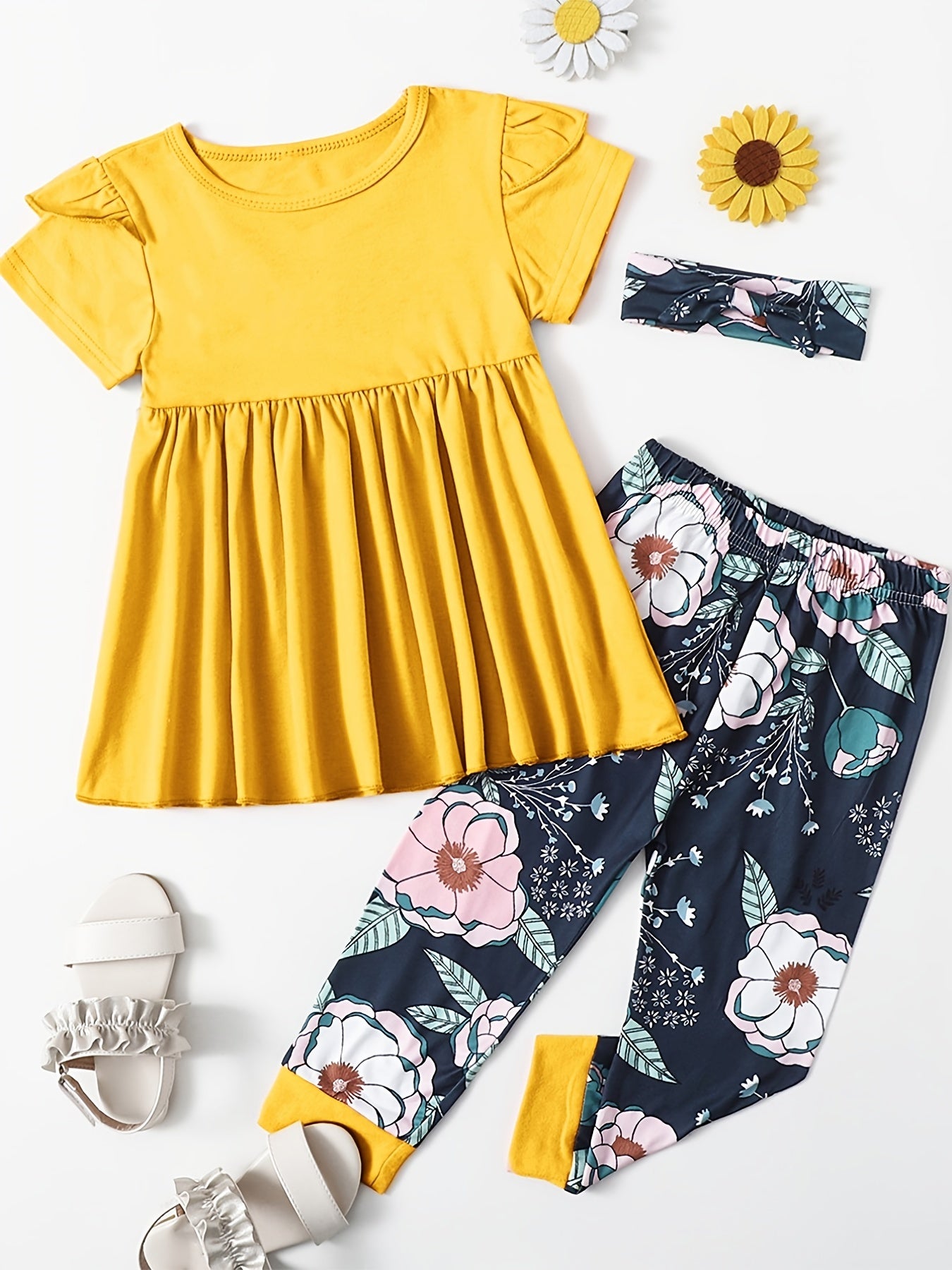 Girls Peplum Top & Flower Pants Set with Headband