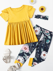 Girls Peplum Top & Flower Pants Set with Headband