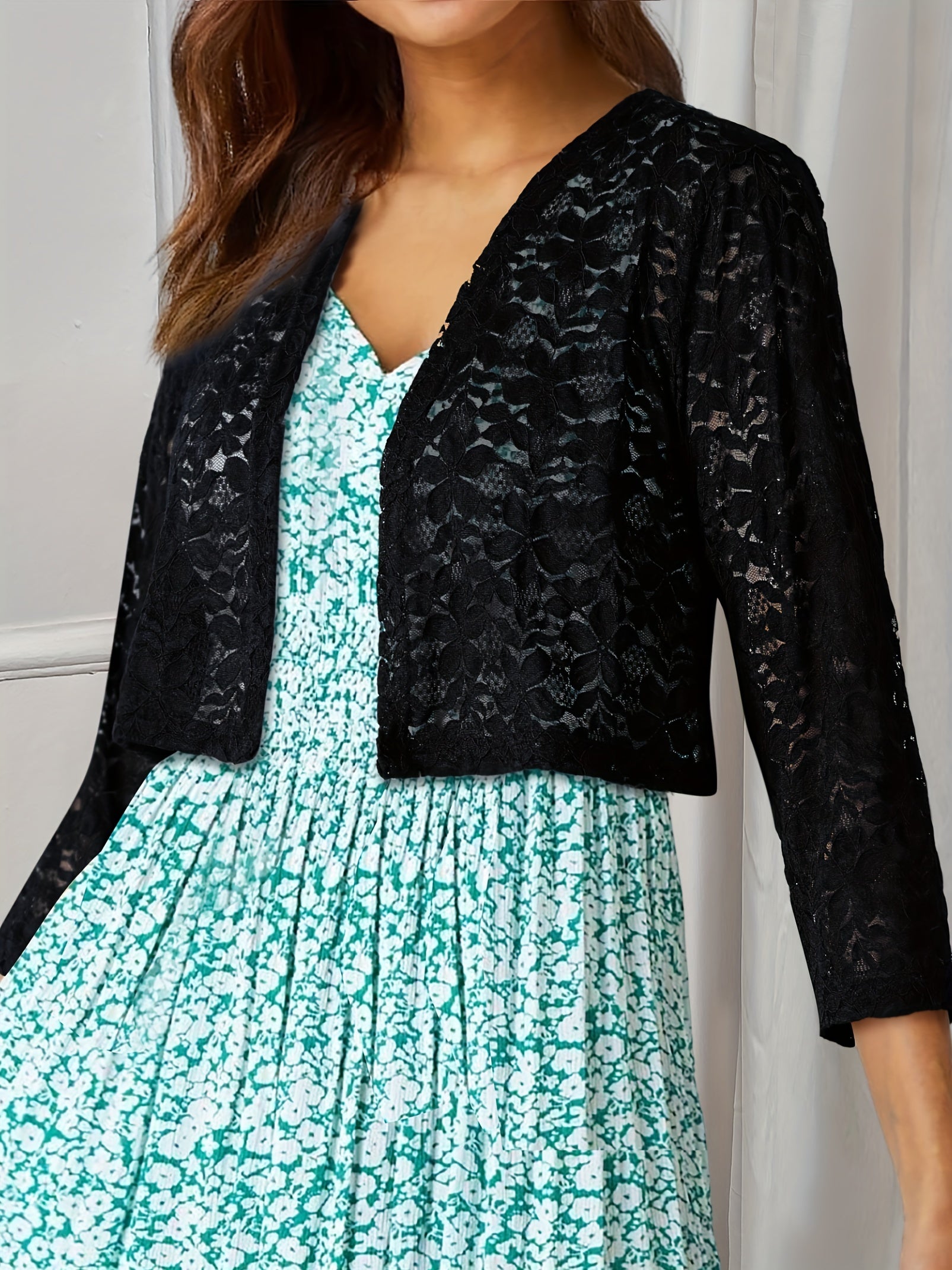 Flower Pattern Lace Open Front Top for Women