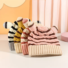 Kids Wool Striped Knit Hat w/ Horn for Daily Use