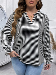 Striped Print Lantern Sleeve V Neck Blouse Plus Size Casual Blouse