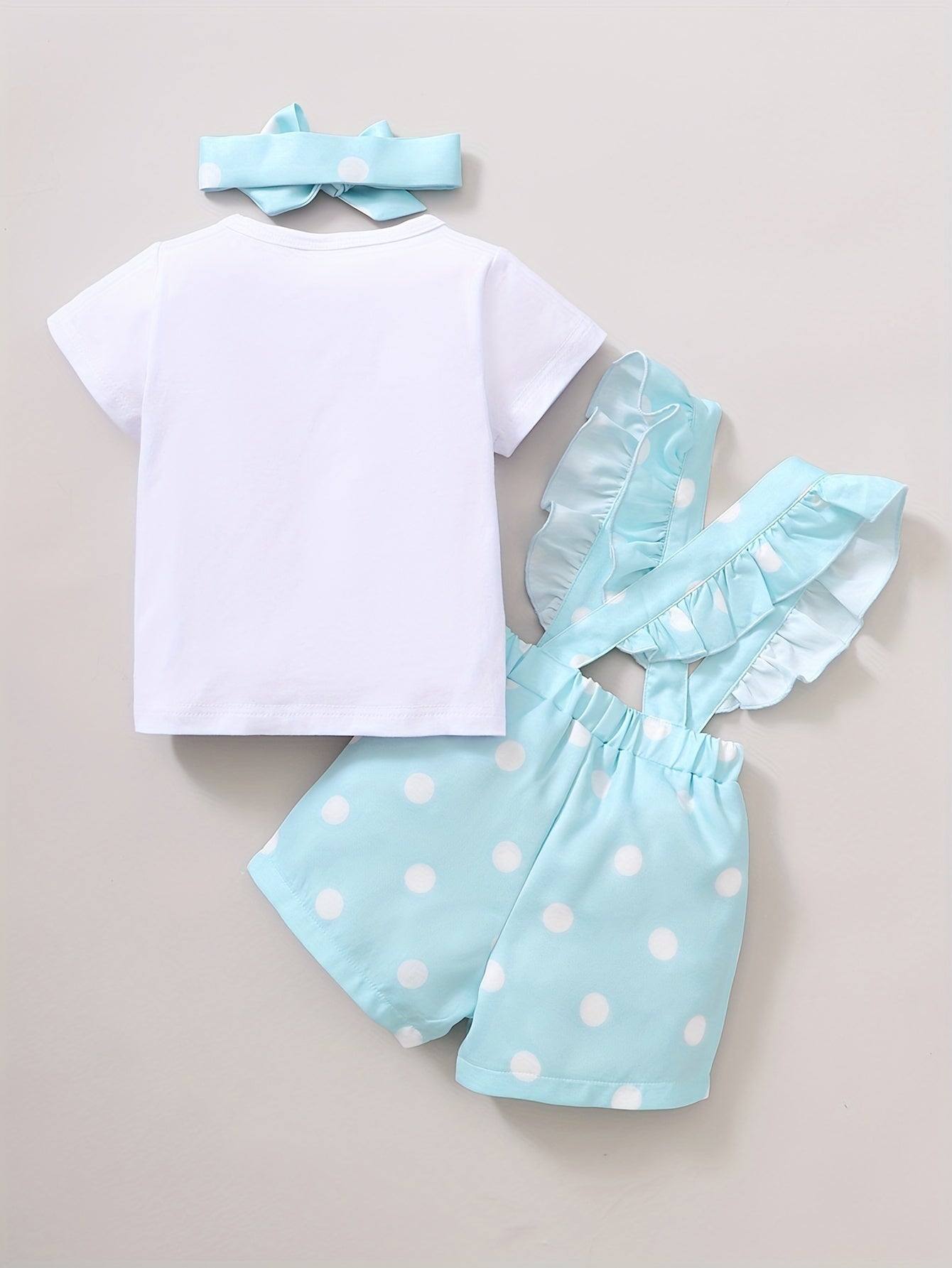 Baby Girl Rabbit Print Outfit Set - T-shirt, Polka Dot Shorts, Headband