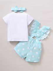 Baby Girl Rabbit Print Outfit Set - T-shirt, Polka Dot Shorts, Headband