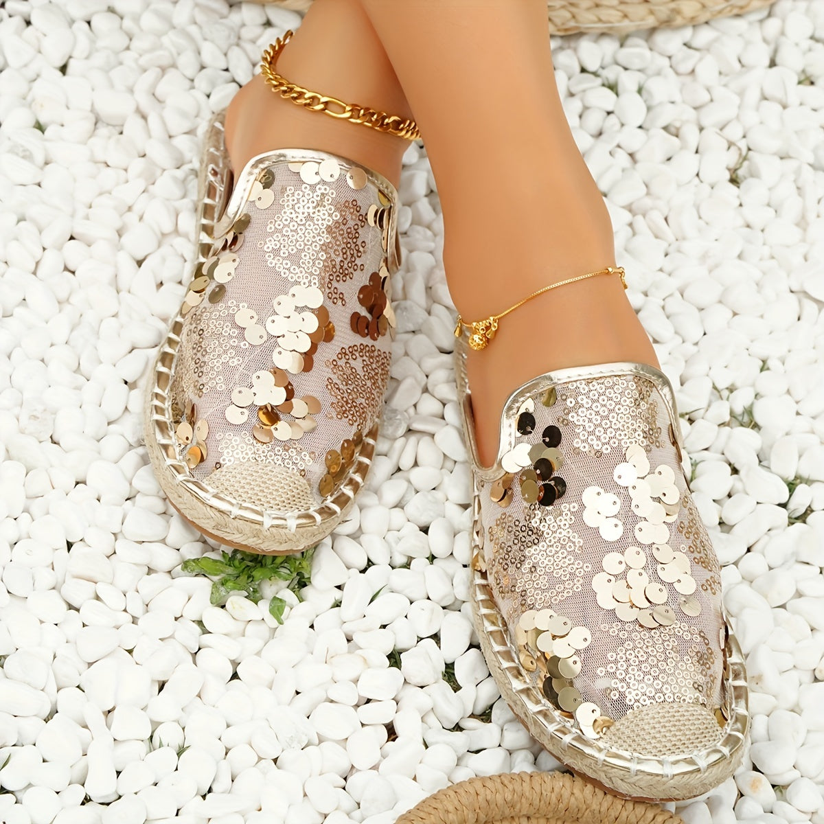 Sequins Mesh Panel Slip On Espadrilles Shoes Glitter Comfy Summer Shoes