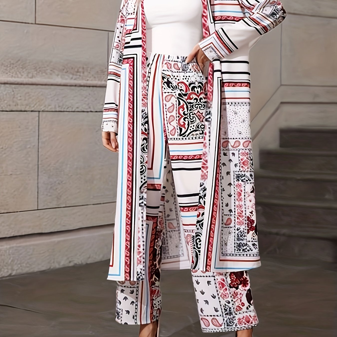 Women's Plus Floral & Scarf Print Cardigan & Pants Set