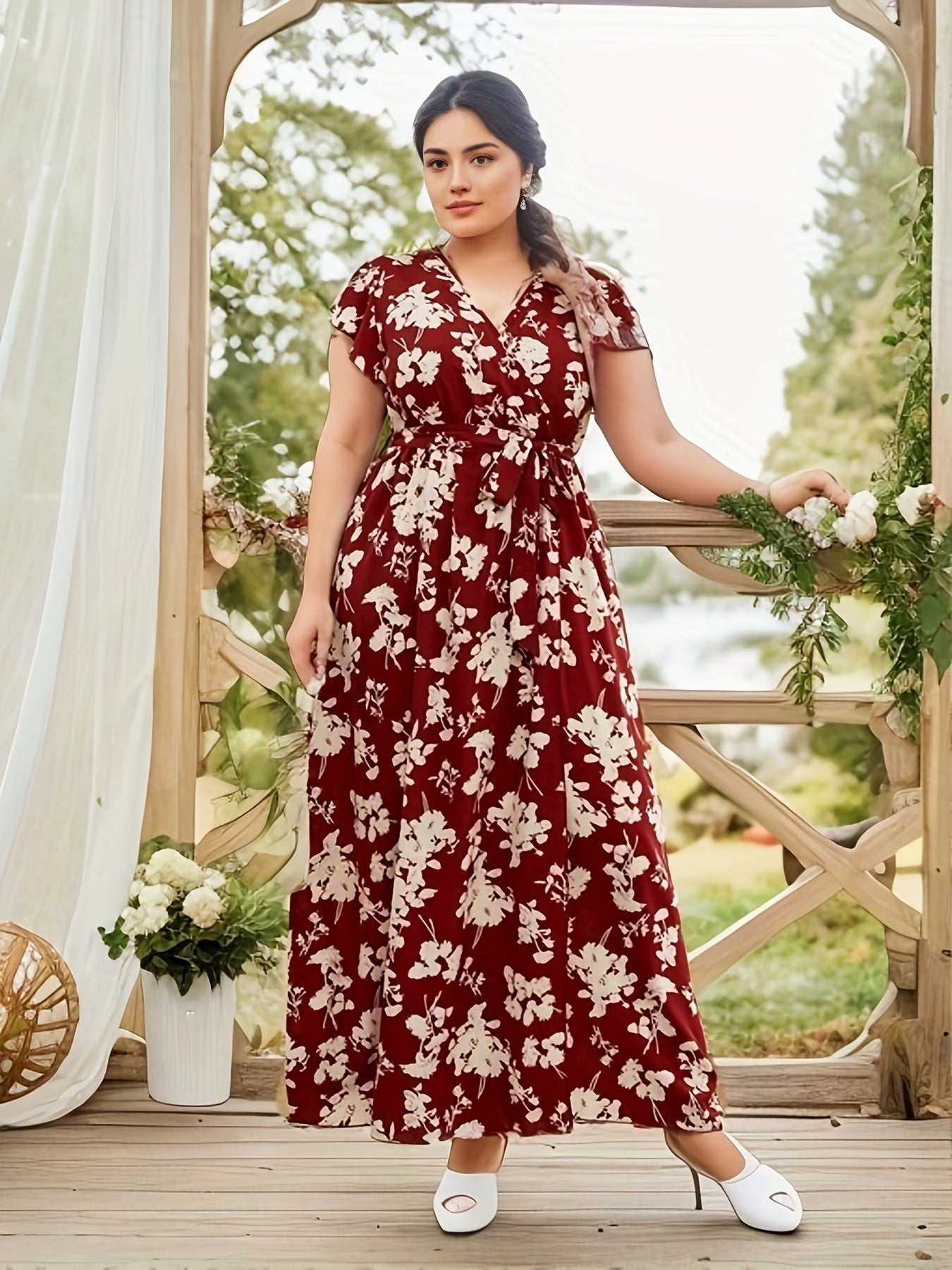 Boho Dress Women's Plus Floral Print Cap Sleeve Maxi Dress