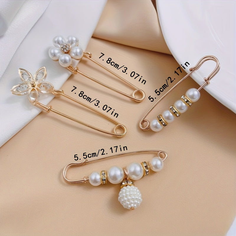 Rhinestone Scarf Pin Set Faux Pearl Flower Brooch Collar Pins