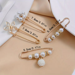 Rhinestone Scarf Pin Set Faux Pearl Flower Brooch Collar Pins